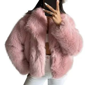 Women’s Faux Fur Coat Regular Style Fox Fur Fall Winter Thick Fleece Breathable Turn-down Collar Full Sleeve