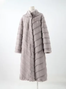 Women’s Faux Fur Coat Stand Collar Diagonal Shear Long Coat Regular Fit Hidden Snap Button Warm Full Length Jacket
