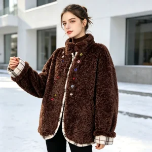 Women’s Faux Fur Coat Teddy Bear-Style Plush Short Jacket Warm Winter Jacket Casual Jacket with Colorful Buttons