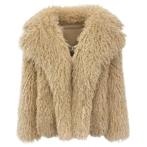 Women’s Faux Fur Hooded Coat Curly Fur Regular Length Maternity Long Sleeve Elegant Party Wear