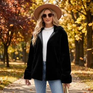 Women’s Faux Fur Hooded Jacket Casual Long Sleeve Zipper Coat Eco Friendly Woven Winter Warm Outerwear Black