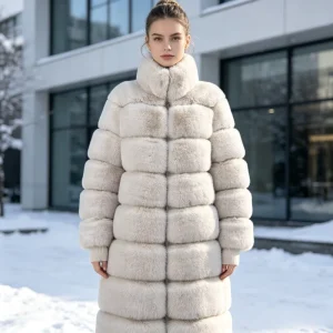 Women’s Faux Rabbit Fur Coat Custom Size Color Logo Tailored Fabric Long Winter Stand Collar Zipper Overcoat