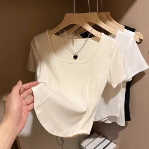 Women’s Fishbone Square Neck Slim Fit Short Sleeve T-Shirt Summer Casual Top