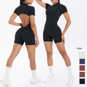 Women’s Fitness Yoga Jumpsuit Hollow Back Short Sleeve Zip with Built In Chest Pad Peach Shaped Butt Design Sports Bodysuit