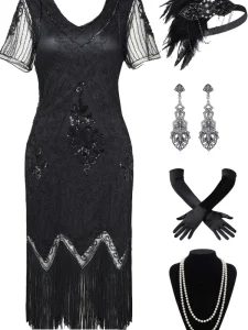 Women’s Flapper Dresses Fringed Sequin Great Gatsby Dress with Accessories Roaring 20s Sexy V-neck Fancy Dress