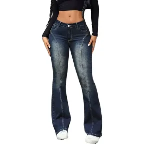Women’s Flare Jeans Dark Wash Denim Pants Studded Decor Slim Fit Trousers Casual Streetwear Fashionable Comfortable Daily Wear