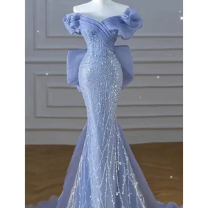 Women’s Floor-Length Off-Shoulder Blue Evening Dress Natural Light Luxury Niche Mermaid Sequin Fishtail Anti-Wrinkle Elegant