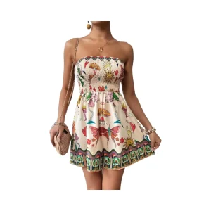 Women’s Floral Boho Rompers Smocked Loose Wide Leg Beach Shorts Summer Sleeveless Casual Jumpsuits Strapless