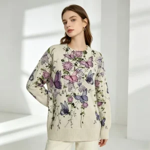 Women’s Floral Butterfly Print Knit Sweater Casual Crewneck Oversized Long Sleeve Pullover