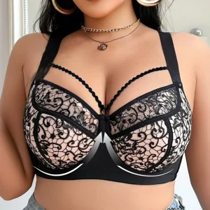 Women’s Floral Gothic Push Up Underwire Ultra Thin Chest Pad Semi Transparent Mesh Bra Unique Front Chest Lace Straps