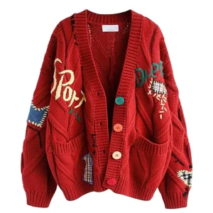Women’s Floral Jacquard Knit Cardigan Sweater Long Sleeve Winter Knitwear for Girls Customizable Ladies Clothes