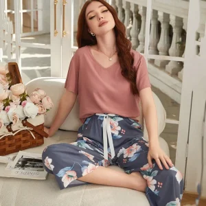 Women’s Floral Pajama Set Color Block Summer Sleepwear European American Style Lightweight PJs with Elastic Waist