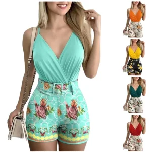 Women’s Floral Print Belted Romper Deep V Neck Sleeveless Spaghetti Strap Jumpsuit Casual Summer Playsuit for Ladies