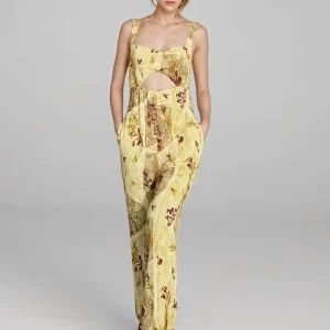 Women’s Floral Print Breathable Bamboo Cotton Strappy Jumpsuit Eco Friendly Wide Leg One Piece Jumpsuit