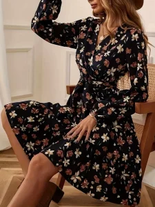 Women’s Floral Print Long Sleeve Dress Elastic Waist Belted Tie Slim Fit Dress