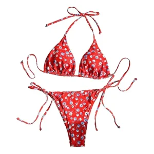 Women’s Floral Print Micro Thong Bikini Swimwear Open Sexy Extreme Floral Print 2 Piece Set Summer Beachwear Stylish Pattern