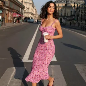 Women’s Floral Print Midi Dress Spaghetti Strap Ruched Bust Bodycon Sundress Summer Casual Beach Vacation Party Long Dresses