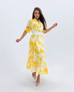 Women’s Floral Print Midi Dress Yellow Stand Collar Puff Sleeve Belted Ruffled Elegant Casual Dress for Vacation & Party