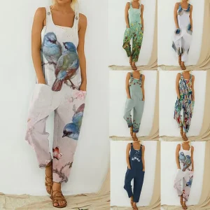 Women’s Floral Printed Jumpsuits Solid Rompers Casual Comfy Bird Jumpsuit with Pockets