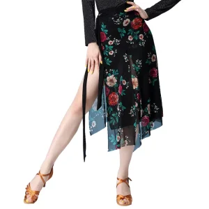 Women’s Floral Printed Latin Lace up Dance Wrap Skirt Belly Hip Scarf Costumes With Long Legs Made From