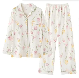 Women’s Floral Sleepwear Long Sleeved Lapel Cotton Loose Home Clothes Sleepwear Set