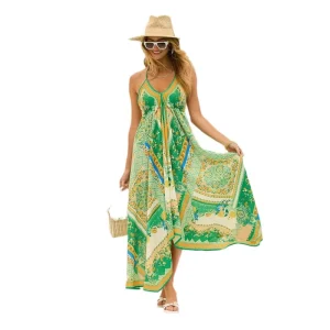 Women’s Floral Sleeveless Halter Neck Flowy Ruffle Hem Boho Elegant Long Dress for Summer