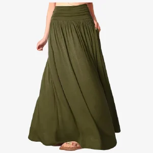 Women’s Fold Over High Waist Shirring Maxi Skirt Plus Size Jersey Gypsy Hippie Long Skirts with Pockets