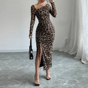 Women’s Formal Asymmetrical Floor-Length Dress Breathable Elastic Waist Long Sleeve Slim Fit Elegant Sexy Style Leopard Printed