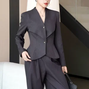 Women’s Formal Gray Solid Peplum Blazer V neck Single Breasted Buttons Breathable Full Length Suits Blazers