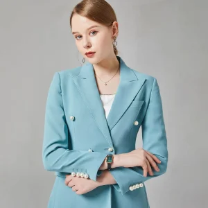 Women’s Formal Office Business Suit Solid Double-Breasted Jacket Light Blue Regular Fit