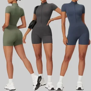 Women’s Four-Way Stretch Eco-Friendly Spaghetti Strap Zip-Up Yoga Shorts Bodysuits Fashion Fitness One-Piece Sports Rompers