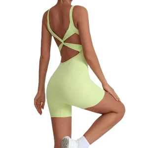 Women’s Four Way Stretch Nylon/Spandex Quick Dry Sweat Wicking Cross Back Yoga Jumpsuit Breathable Sculpting Sportswear Romper