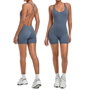 Women’s Four Way Stretch Nylon Spandex Sweat Wicking Cross Back Sexy V Neck Yoga Breathable Sculpting Sportswear Romper