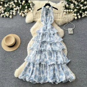 Women’s French Romantic V Neck Floral Ruffle Tiered Slim Fairy Chic Fashion Print Casual Dress