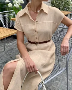 Women’s French Style Lapel Neck Sleeveless Dress High Waist Long Skirt Straight Cut Skirt Slit with Button Front