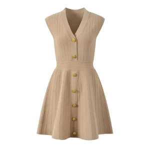Women’s French Style Single Breasted Solid Knit Short Mini Dress V-Neck Sleeveless for Fall Winter Spring