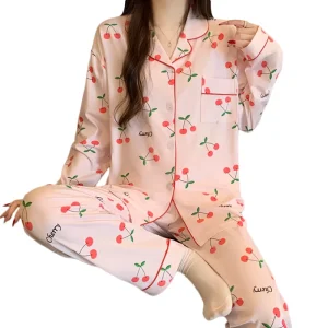 Women’s Fruit print Pajamas Long sleeve Loungewear For Spring And Fall Suitable For Wearing Outdoors