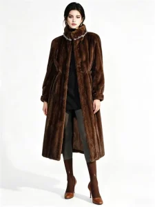 Women’s Full Length Faux Mink Fur Coat Winter Stand Collar Rhinestone Cinched Waist Overcoat Faux Mink Fur Long Jacket
