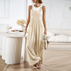 Women’s Full Length Knitted Jumpsuits 100% Cotton Casual Loose Dungarees Bandage Pleated Decoration Adult Romper