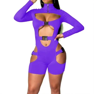 Women’s Full Sleeve Hollow Out Shorts Jumpsuit Tracksuit Biker Romper Fall Style Bodycon
