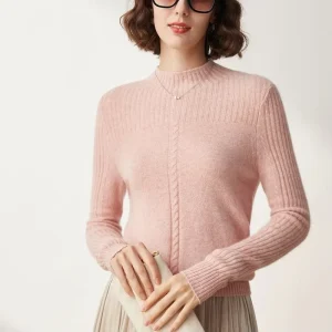 Women’s Full Sleeve Knitted Fitted Pullover Mock Neck Cable Knit Sweater
