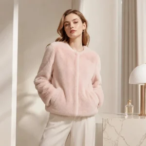 Women’s Genuine Mink Fur Jacket Short Crew Neck Fur Coat 100% Polyester Lining OEM ODM