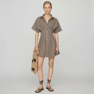 Women’s Gingham Print Turn-down Collar Button up Short Sleeves Cinched Waist Mini Shirt Dress
