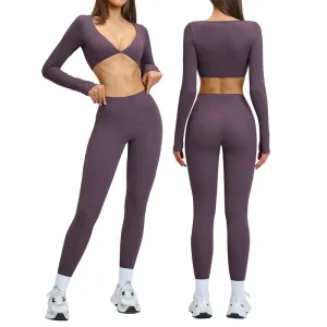 Women’s Girls Plus Size Solid Spandex Nylon Yoga Set Quick Dry Breathable Four-Way Stretch V-Neck Long Sleeve Leggings Set
