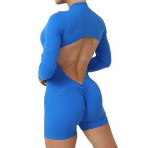 Women’s Girls’ Sports Bodysuit Quick Dry Compression Gym Zipper Romper Slimming Long Sleeve Scrunch Hollow Back One Piece