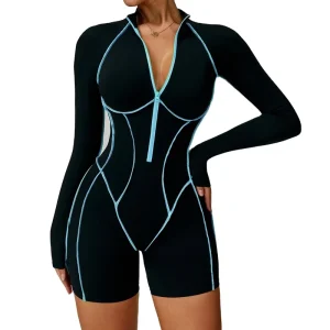 Women’s Girls’ Sports Bodysuit Quick Dry Compression Gym Zipper Romper Slimming Stitching Long Sleeve Hollow Back
