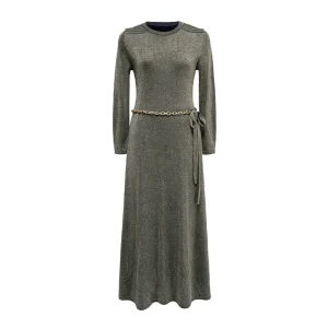 Women’s Glitter Knit Midi Dress Long Sleeve Round Neck with Chain Belt Elegant Party Sweater Dress