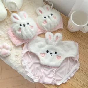 Women’s Gothic Sexy Rabbit Underwear Sets 3 4 Cup Wire Free Push Up Bra with Bow Adjustable Straps Breathable Bikini Panties ODM