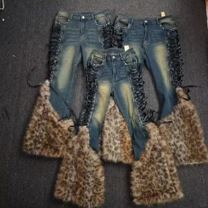 Women’s Gothic Vintage Washed Distressed Jeans Leopard Fur Denim Patchwork Pants Punk Streetwear Denim Trousers
