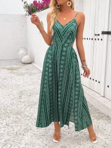 Women’s Green Ethnic Print Loose Fit Woven Fabric Maxi Dress Spaghetti Strap V Neck Waist Cutout Split Long Bohemian Dresses